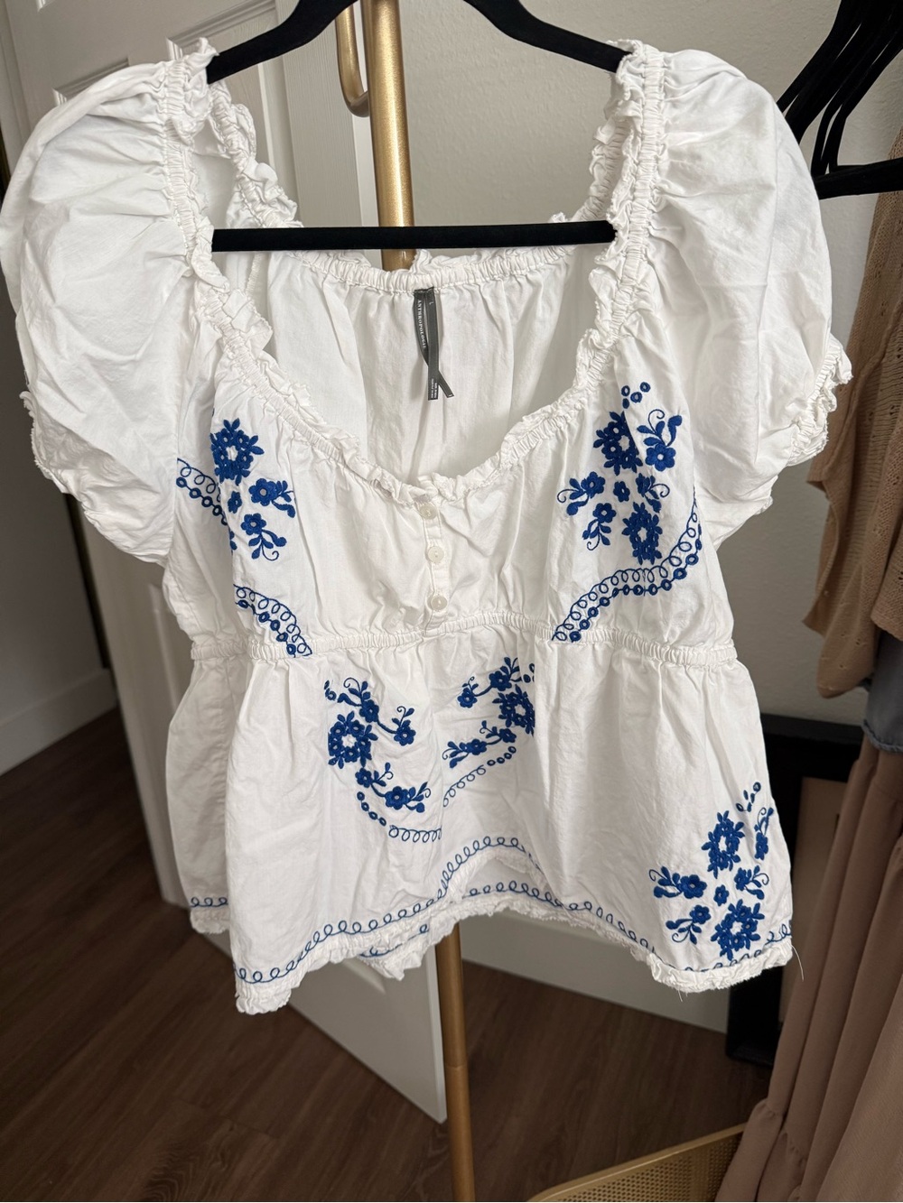 Anthropologie White Blouse with Blue Floral Embroidery